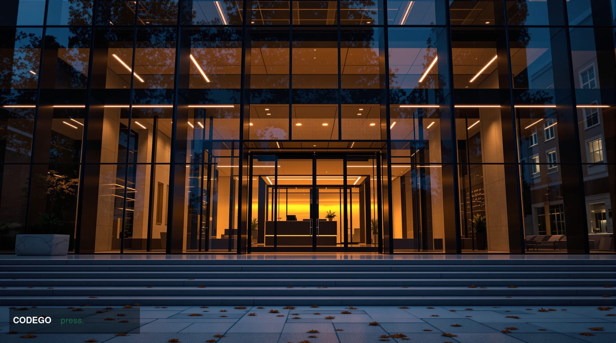 A somber, cinematic editorial photograph taken at ground level looking up at the glass and steel facade of a mid-sized Washin