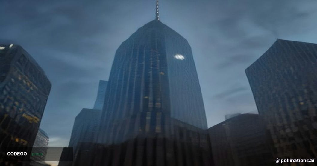 A dramatic wide-angle shot of a glass-and-steel financial district tower photographed at dusk from a low angle, representing 
