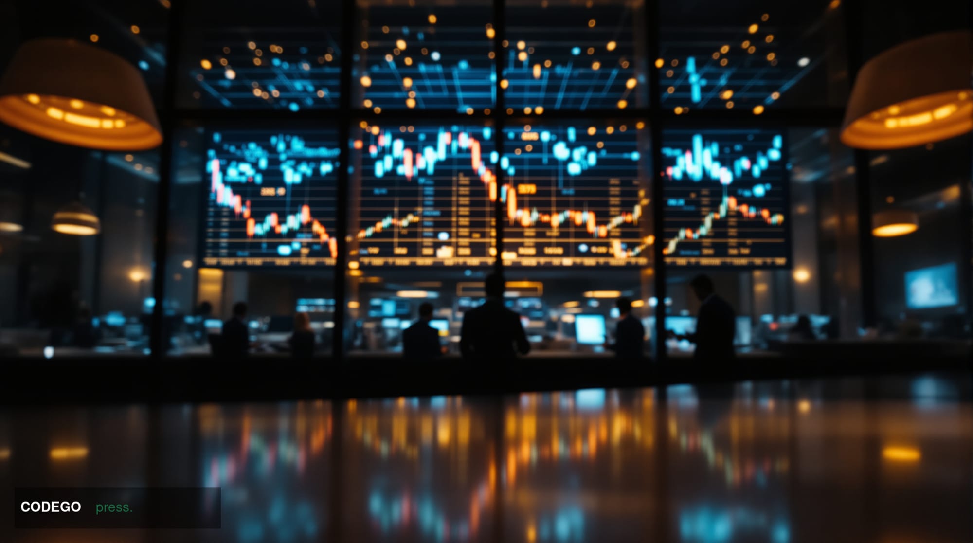 A cinematic editorial photograph of a grand financial district trading floor seen through floor-to-ceiling glass, shot from a