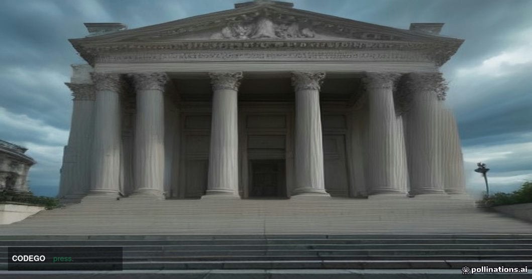 A wide-angle, ground-level shot of a grand neoclassical government building facade at dusk, its stone columns casting long sh