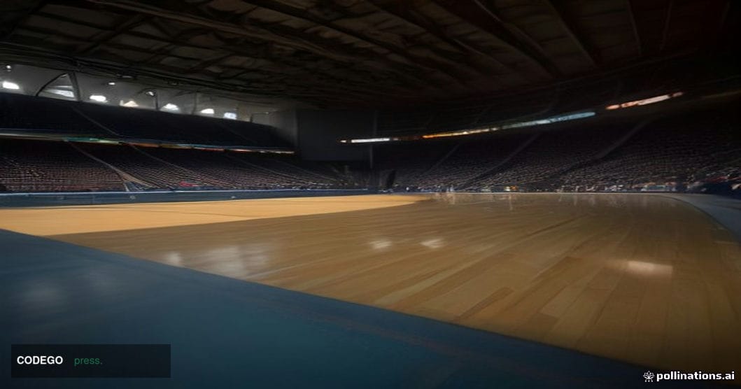 A cinematic editorial photograph set inside a grand, modern sports arena at night, viewed from a low-angle courtside perspect