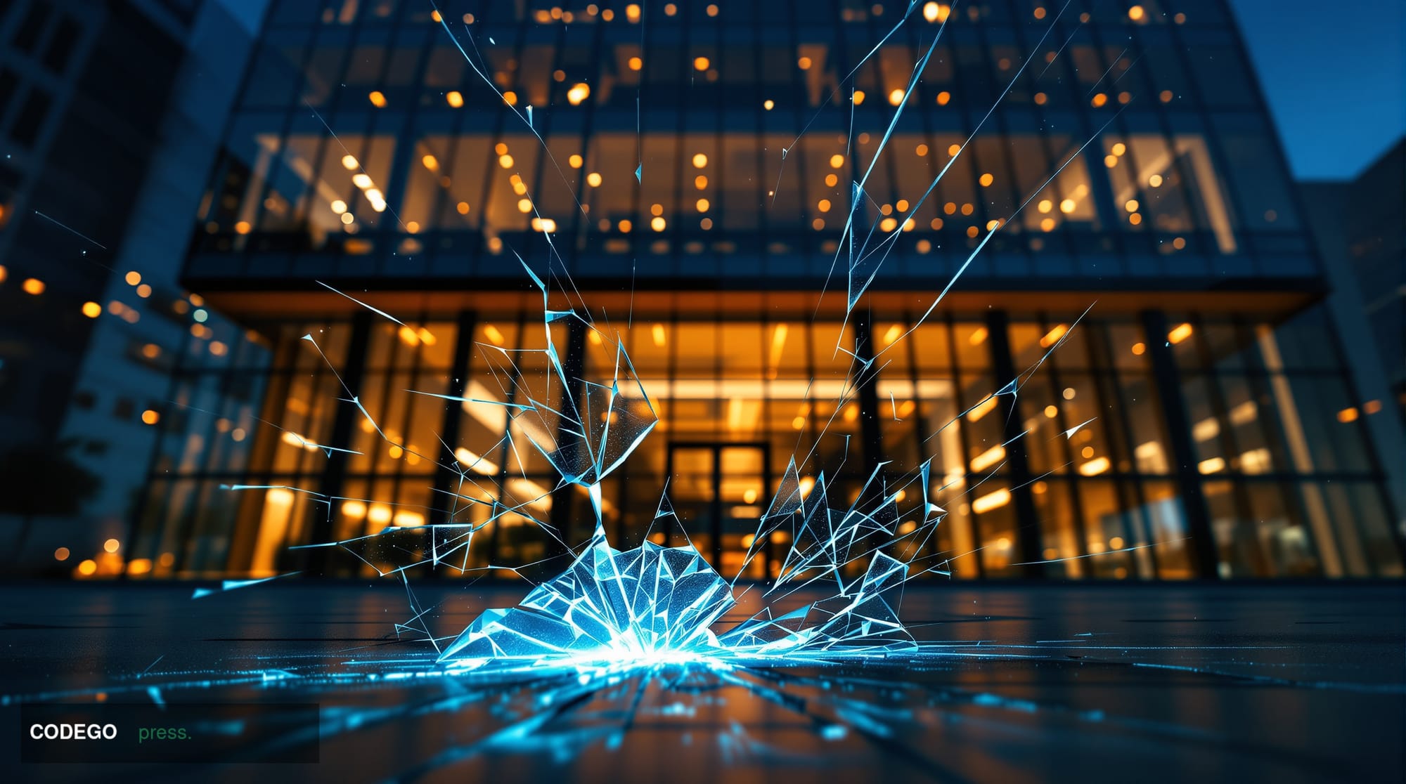 A dramatic cinematic editorial photograph taken from a low angle looking up at a sleek, modern blockchain technology hub buil