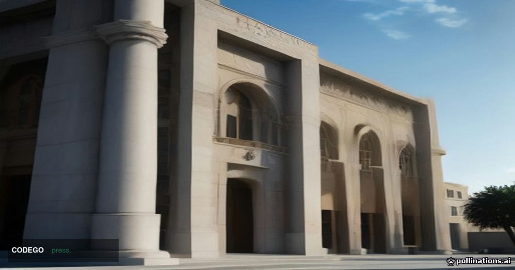 A cinematic editorial photograph taken from a low-angle perspective looking up at a grand Middle Eastern governmental buildin