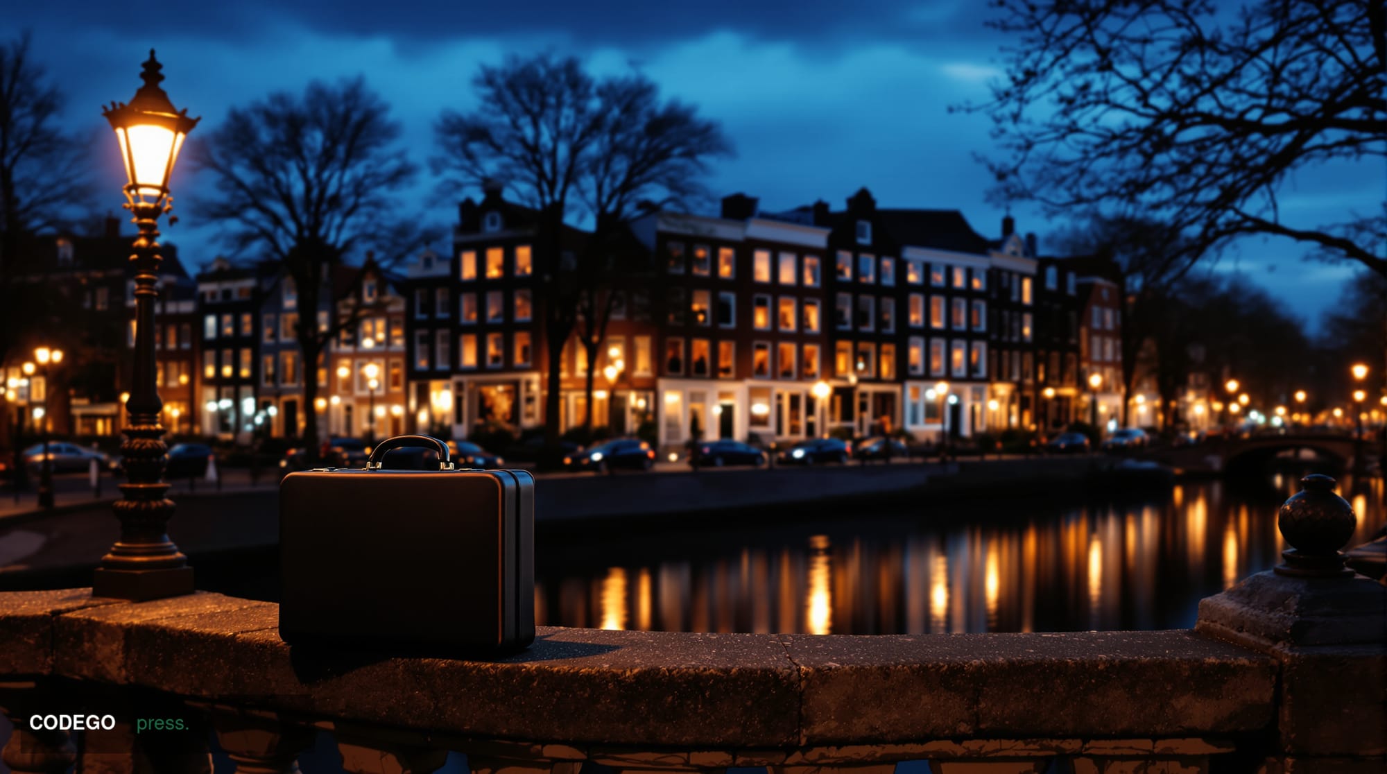 A cinematic editorial photograph of Amsterdam's iconic canal district at dusk, shot from a low angle looking up a historic ca