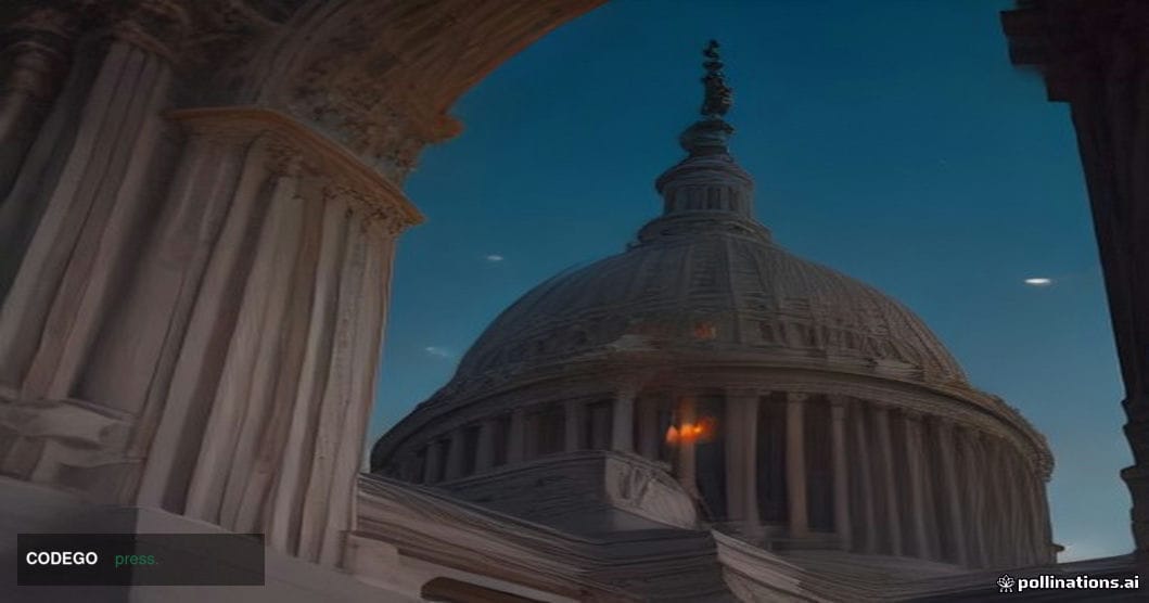 A cinematic editorial photograph shot from a low angle looking up at the neoclassical stone columns of the United States Capi