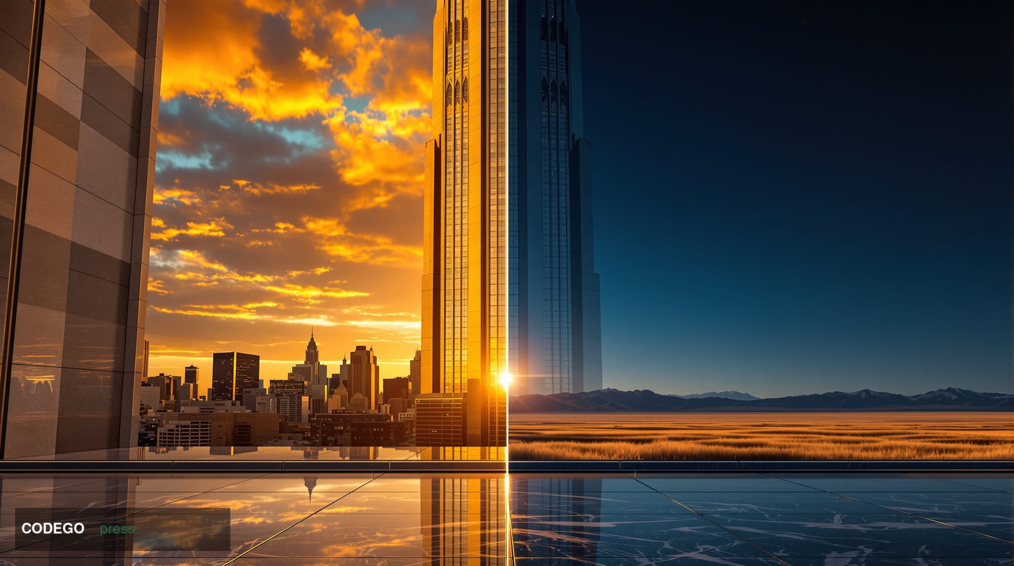 A dramatic split-composition editorial photograph taken at golden hour, with the left half showing the iconic art deco spires