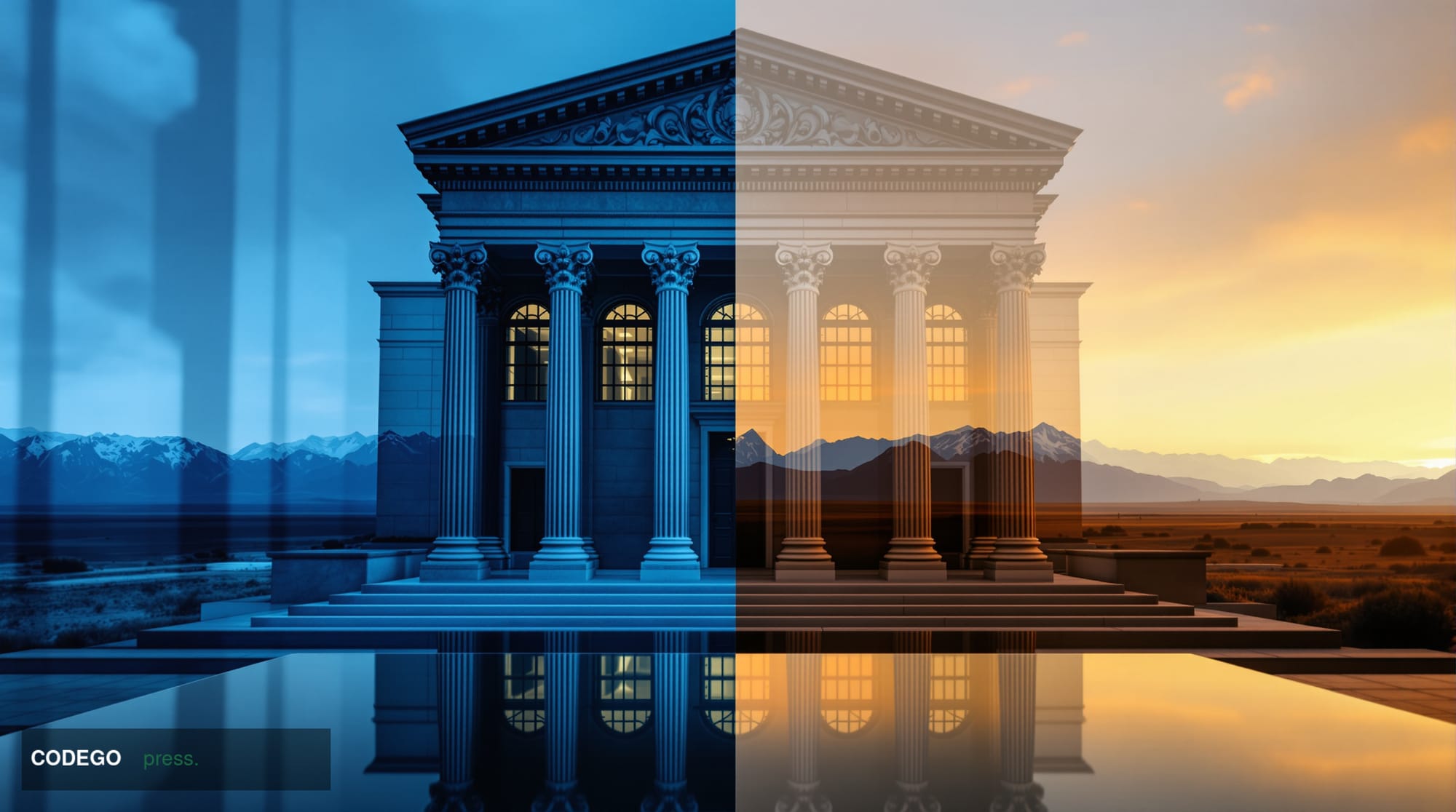 A cinematic editorial photograph capturing two formal institutional environments merging — on the left, the imposing neoclass