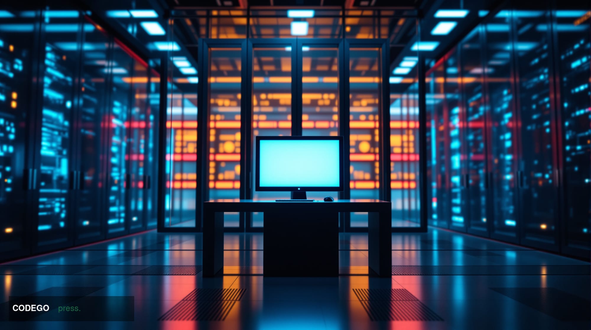 A cinematic editorial photograph shot from a low angle looking up at a sleek, glass-and-steel cryptocurrency exchange server 