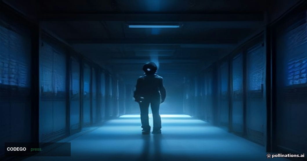 A cinematic editorial photograph set in a dramatically lit server room corridor, with deep shadows and cool blue ambient ligh
