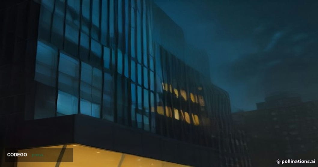 A cinematic editorial photograph taken at a low angle looking up at a sleek, glass-and-steel corporate exchange building faca