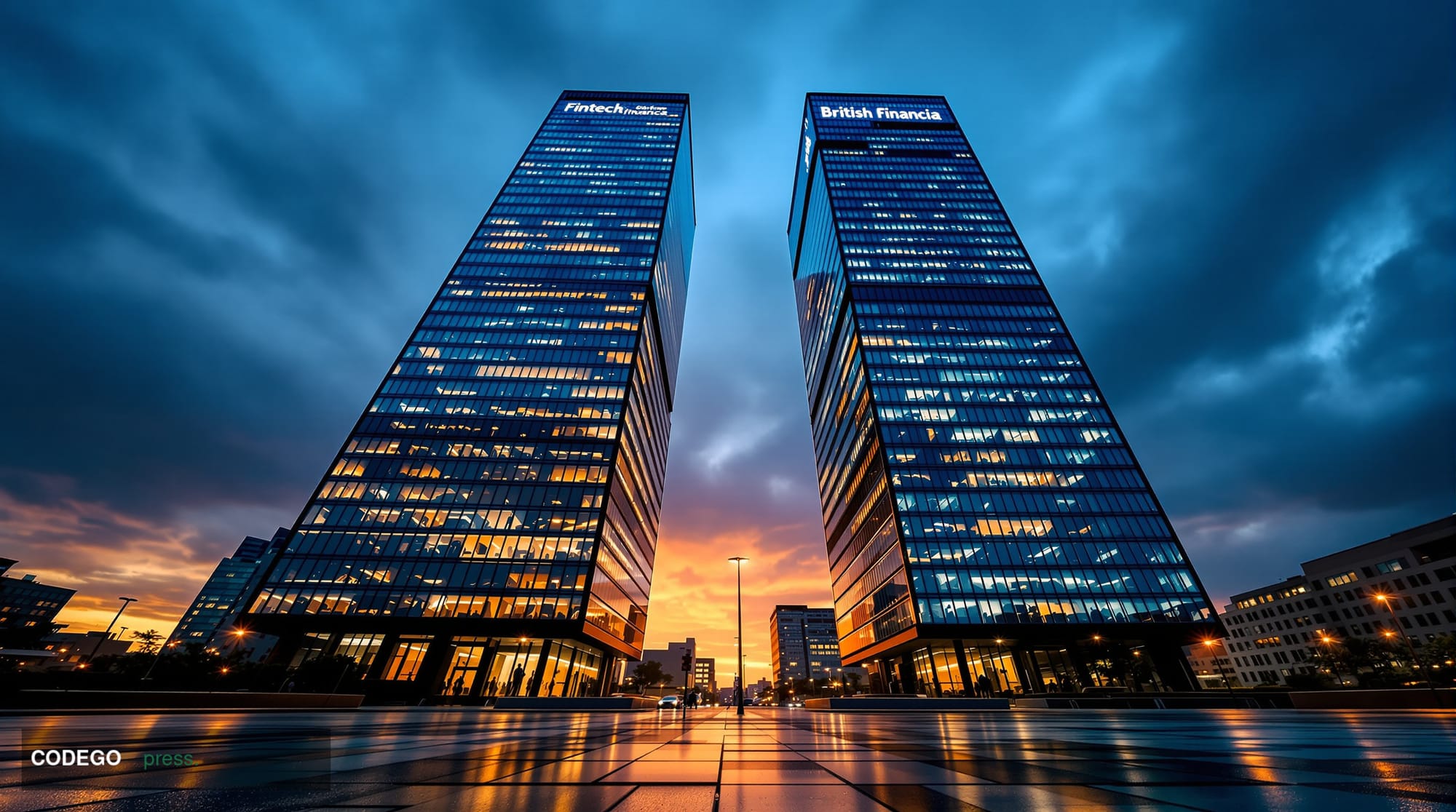 A dramatic split-composition editorial photograph taken from a low camera angle looking upward at two contrasting modern glas