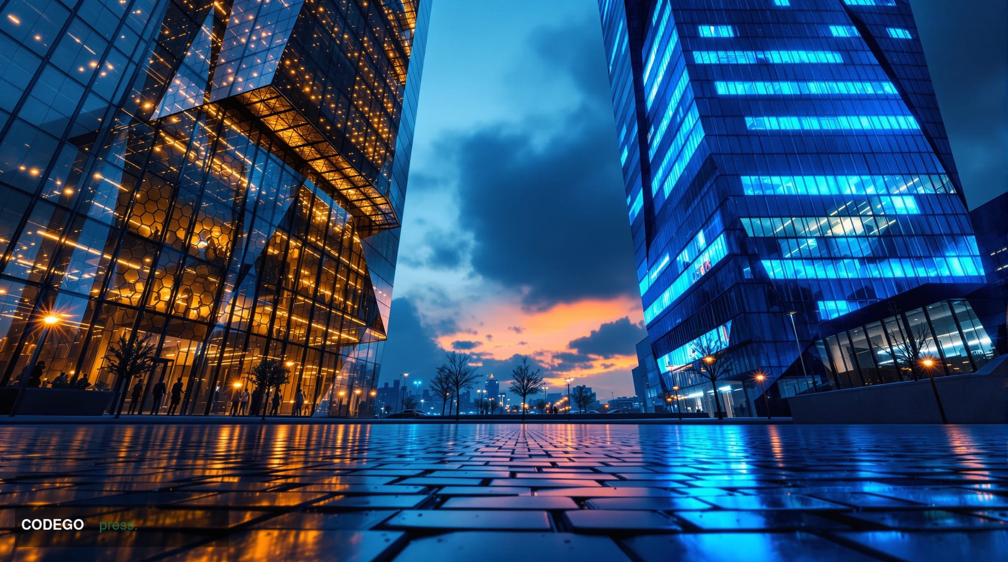 A dramatic cinematic editorial photograph shot from a low angle looking upward at two contrasting glass-and-steel financial d