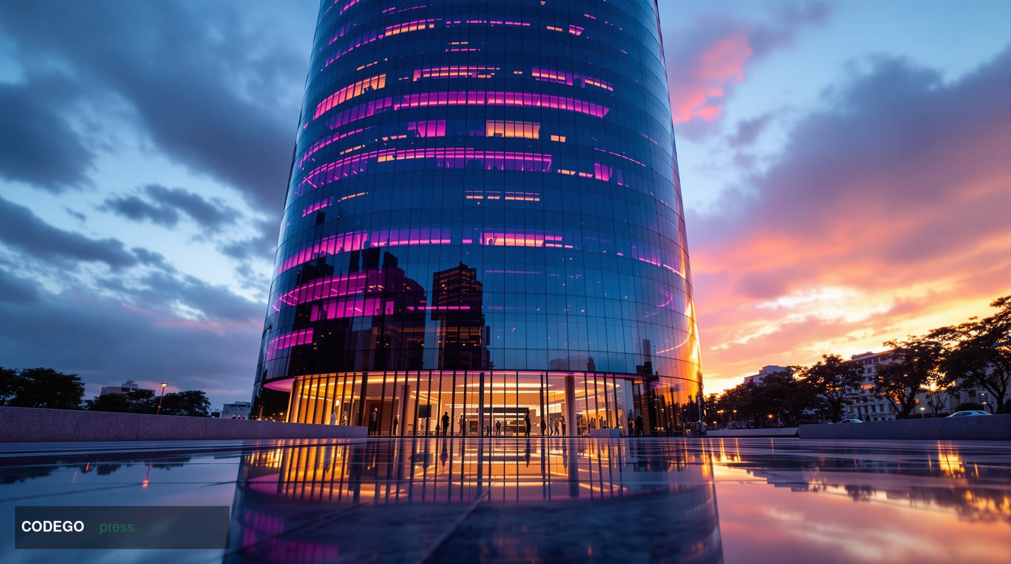 A cinematic editorial photograph shot from a low wide-angle perspective looking up at a sleek, modern glass-and-steel corpora