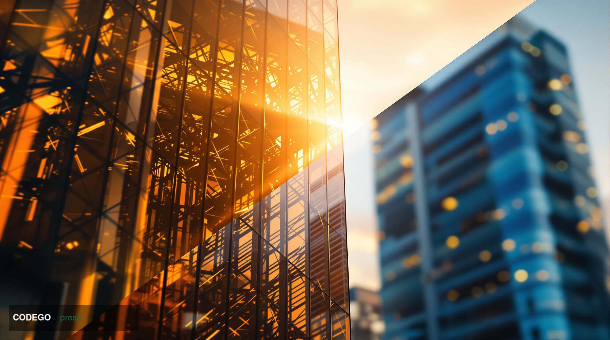 A cinematic editorial photograph contrasting two architectural worlds: in the foreground, a sweeping wide-angle shot of a vib