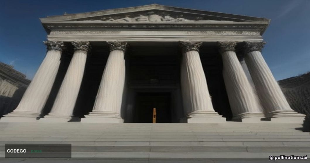 A dramatic wide-angle shot of the New York State Supreme Court building's neoclassical stone facade in Lower Manhattan, late 