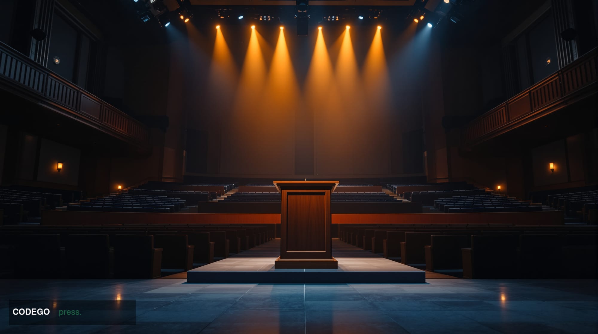 A cinematic editorial photograph of a grand university lecture hall interior in Buffalo, New York, captured from a low wide-a