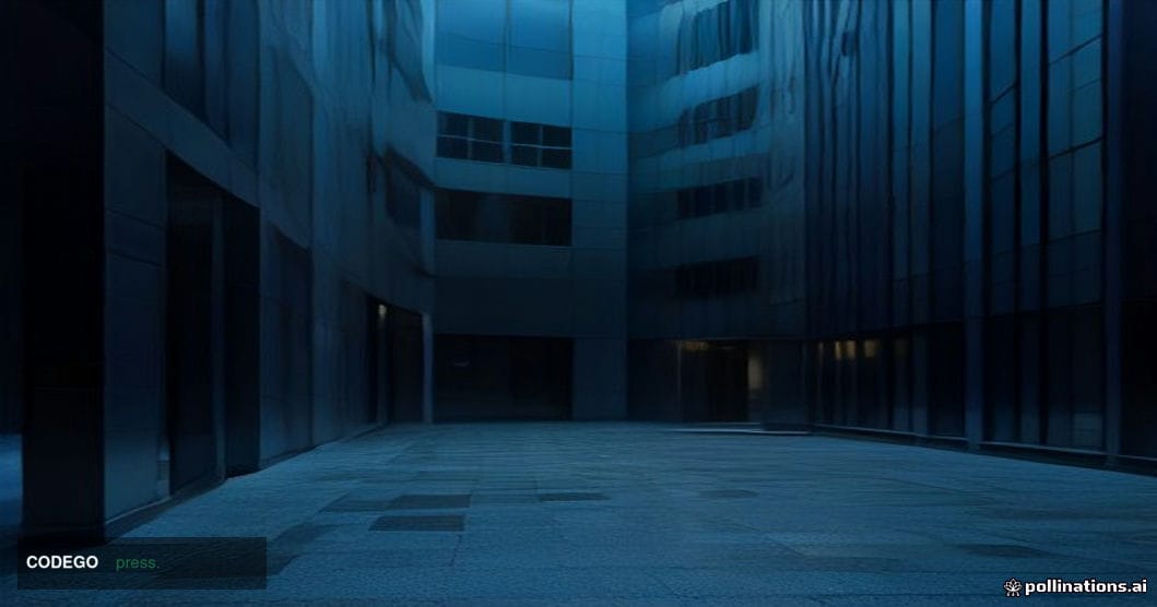A cinematic editorial photograph of a grand Scandinavian banking headquarters exterior at dusk, a severe modernist glass-and-