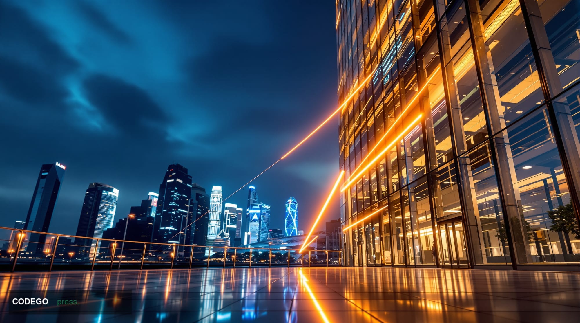 A dramatic cinematic editorial photograph taken from a low-angle perspective looking upward at a sleek, modern glass-and-stee