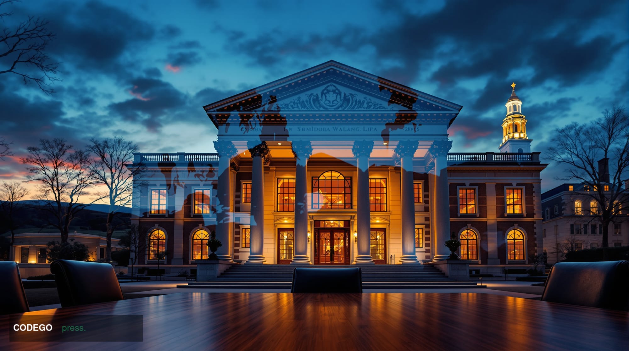 A sweeping wide-angle shot of a grand neoclassical federal regulatory building exterior in Washington D.C., photographed at d