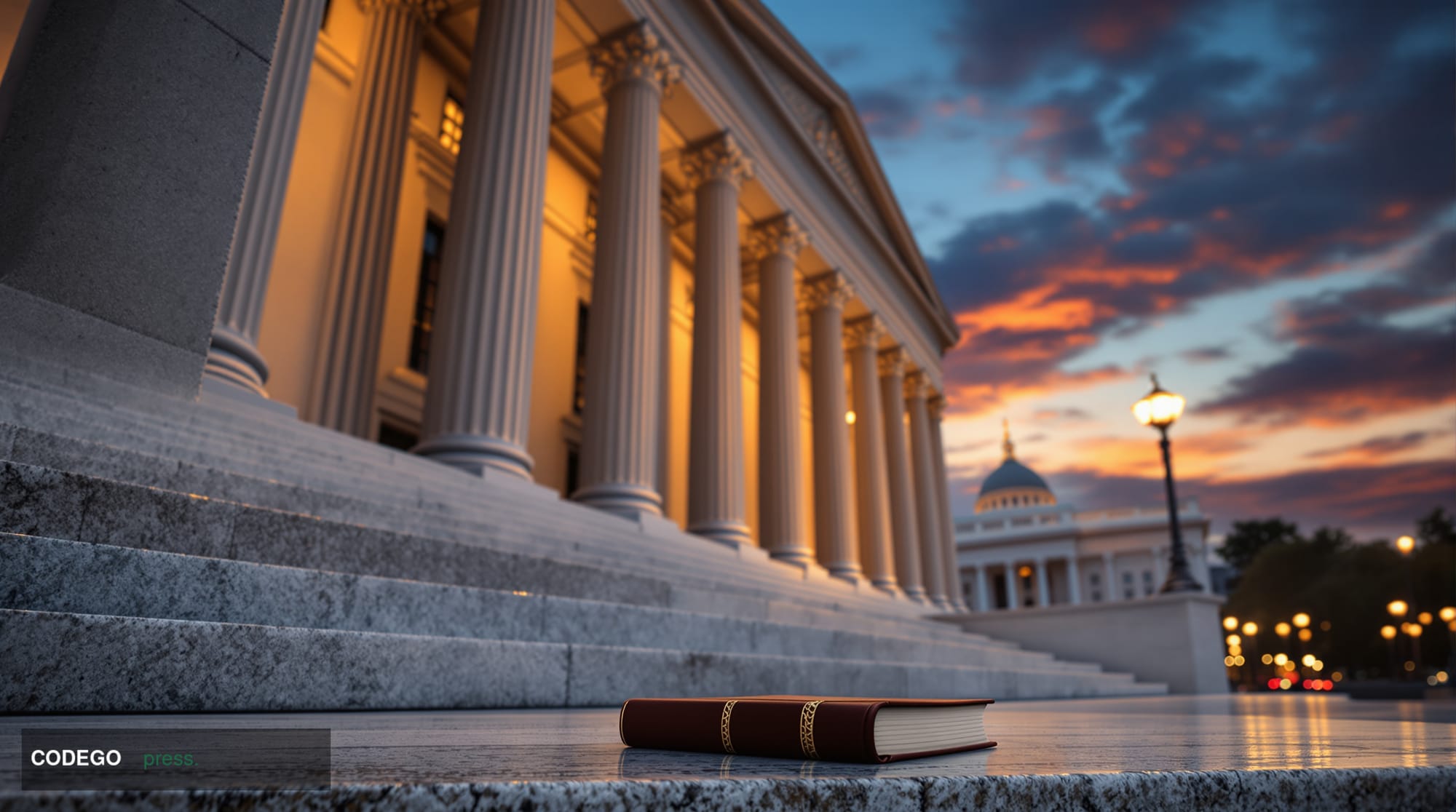 A wide-angle, low-perspective shot looking up at the imposing neoclassical granite facade of a large Washington D.C. federal 
