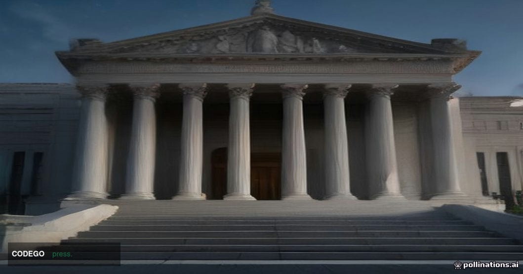 A wide-angle cinematic shot of the neoclassical facade of a grand Washington D.C. federal building at dusk, its marble column