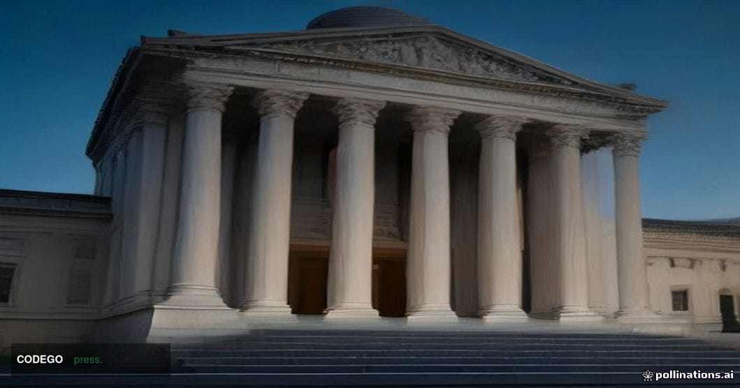 A solemn, cinematic editorial photograph of the neoclassical stone facade of a Washington D.C. federal regulatory building at