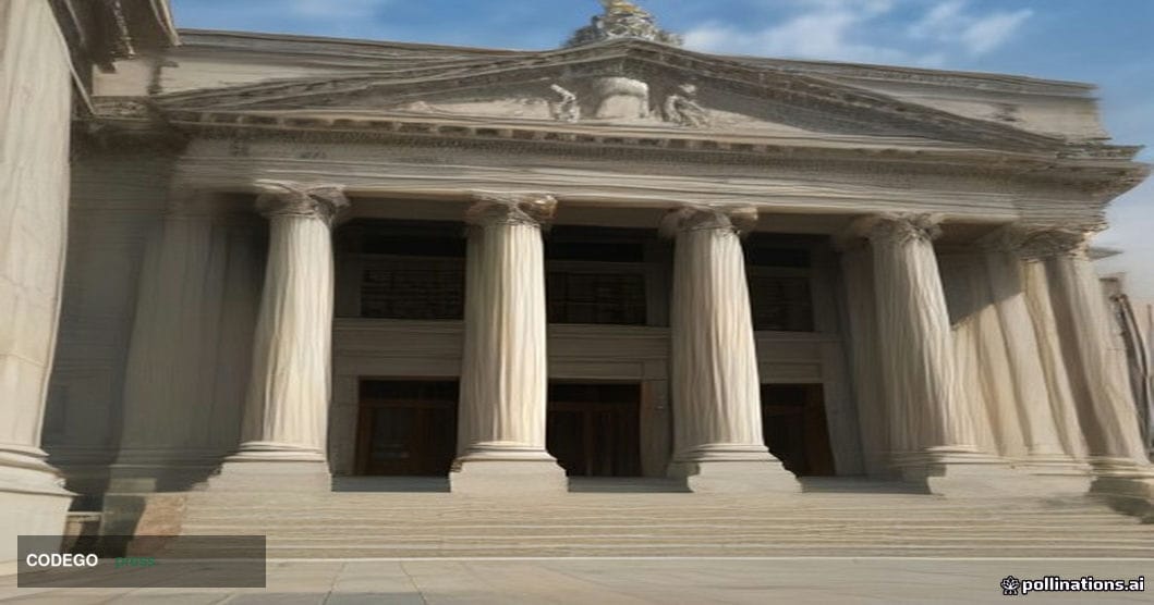 A stately neoclassical federal banking authority building in Washington D.C., shot at a low dramatic angle from street level 