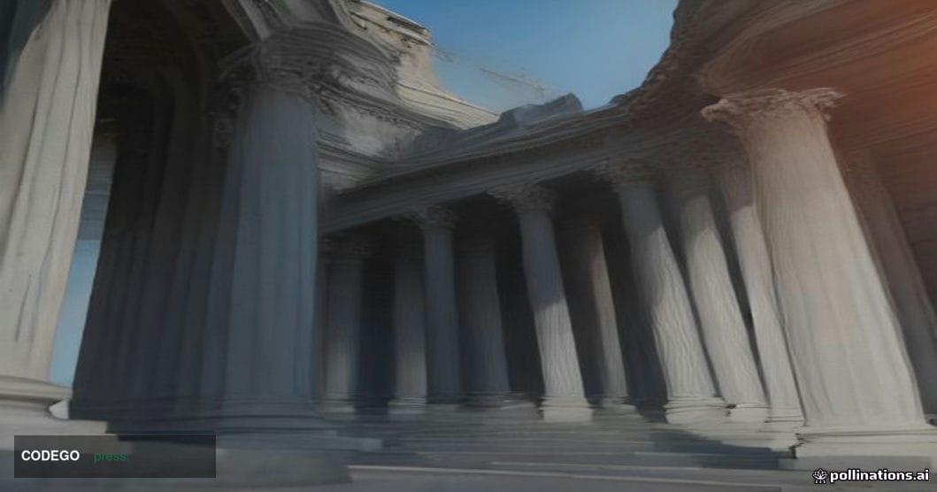 A neoclassical federal government building exterior in Washington D.C. photographed at dawn from a low angle looking upward, 