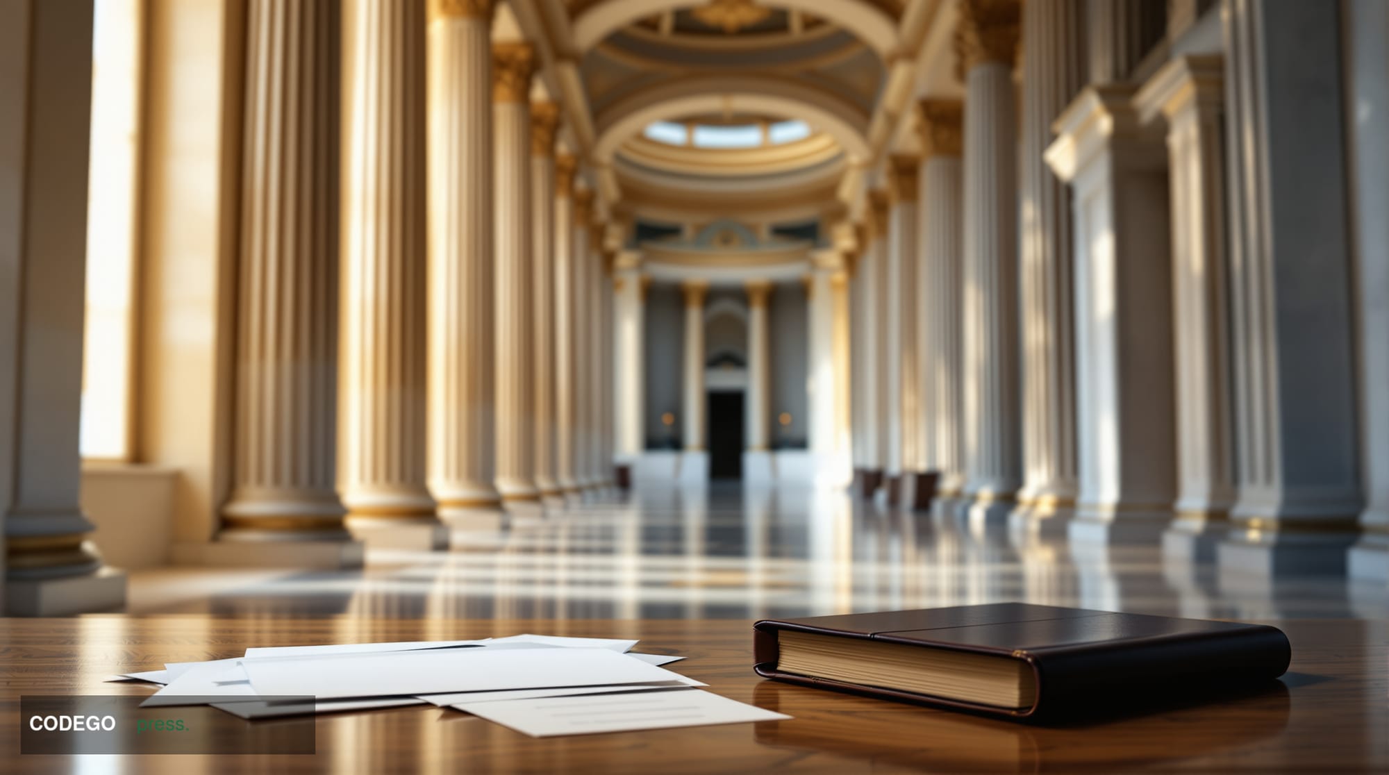 A photorealistic editorial photograph set inside a grand, neoclassical federal banking institution corridor in Washington D.C