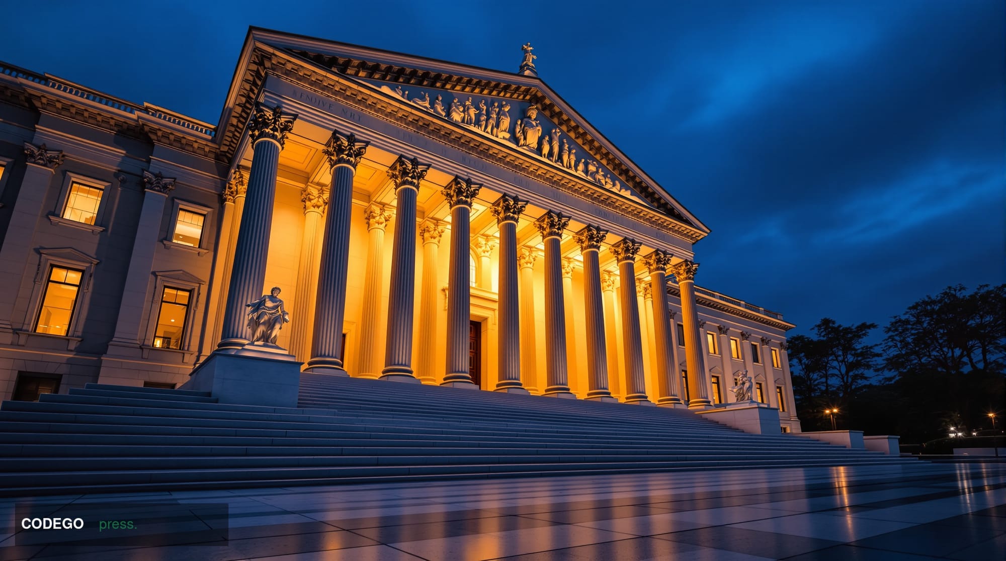 A monumental neoclassical federal government building façade photographed from a low angle at dusk, its imposing stone column