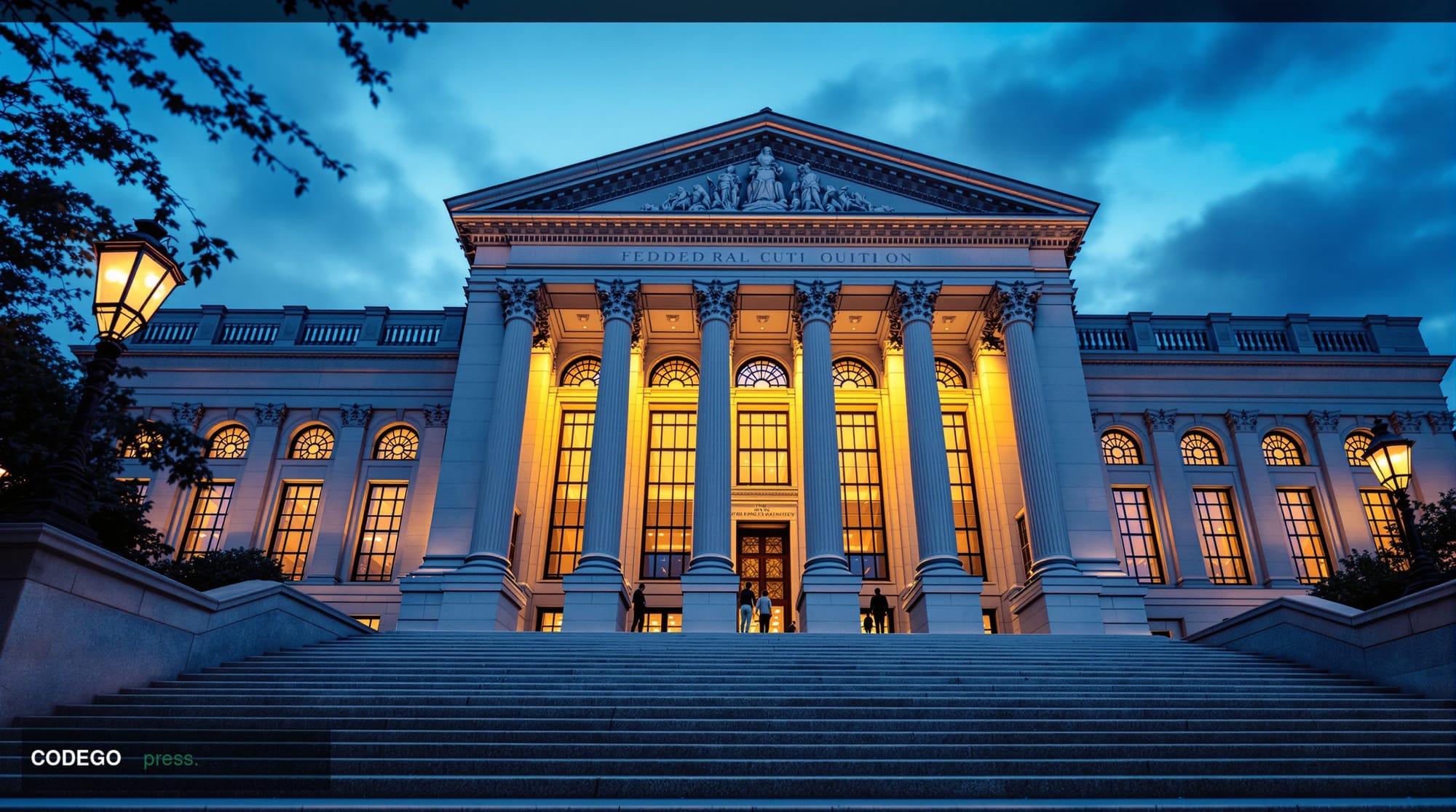 A grand neoclassical federal building in Washington D.C. photographed at dusk from a low-angle wide shot, its imposing stone 