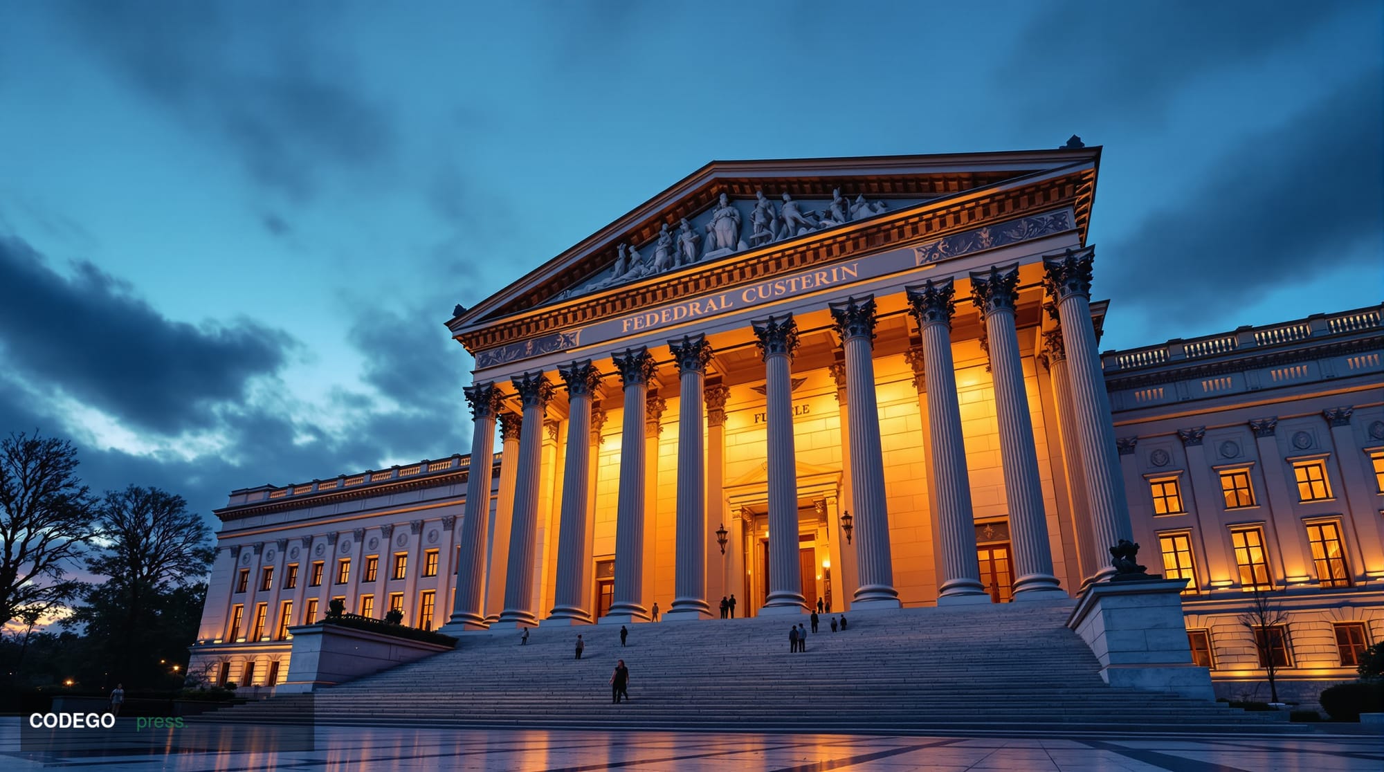 A grand neoclassical federal building exterior in Washington D.C. photographed at golden hour from a low angle, its imposing 