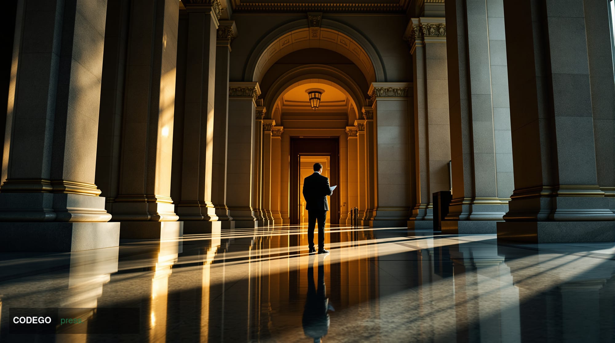 A cinematic editorial photograph depicting the interior of a large, architecturally imposing government financial institution