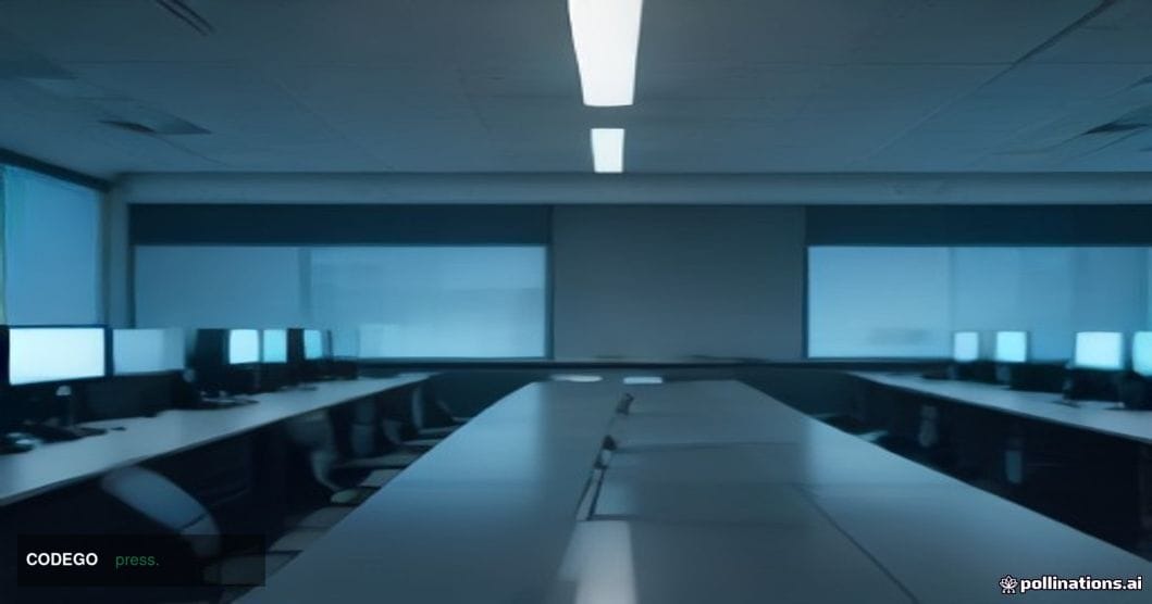 A dramatic cinematic editorial photograph of an international wire transfer operations room at dusk, viewed from a low angle.