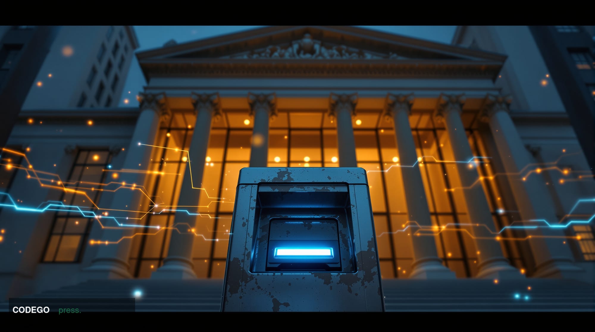 A cinematic editorial photograph shot at low angle looking up at the imposing stone and glass facade of a federal government 