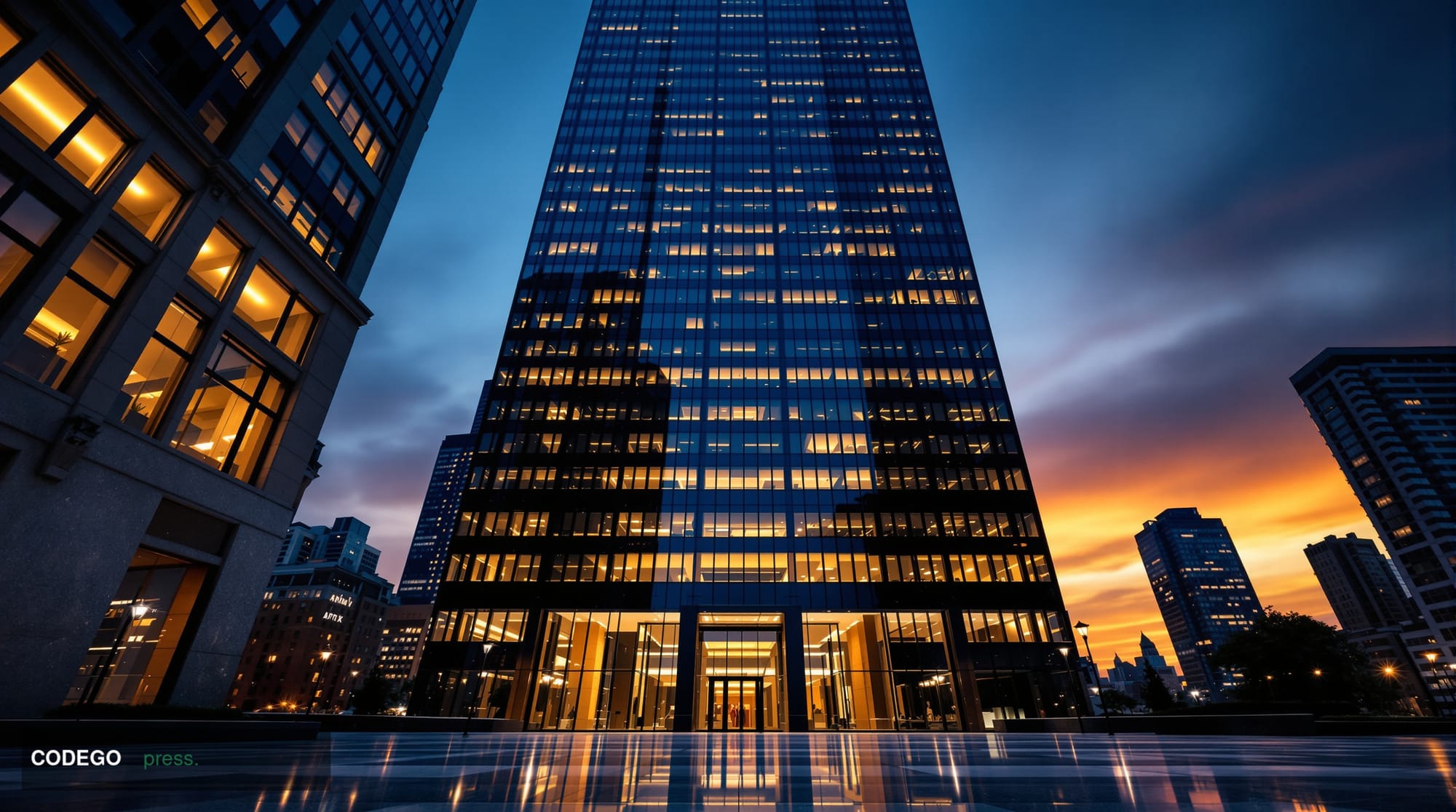 A cinematic editorial photograph shot at street level looking up at a towering modern glass-and-steel financial district skys