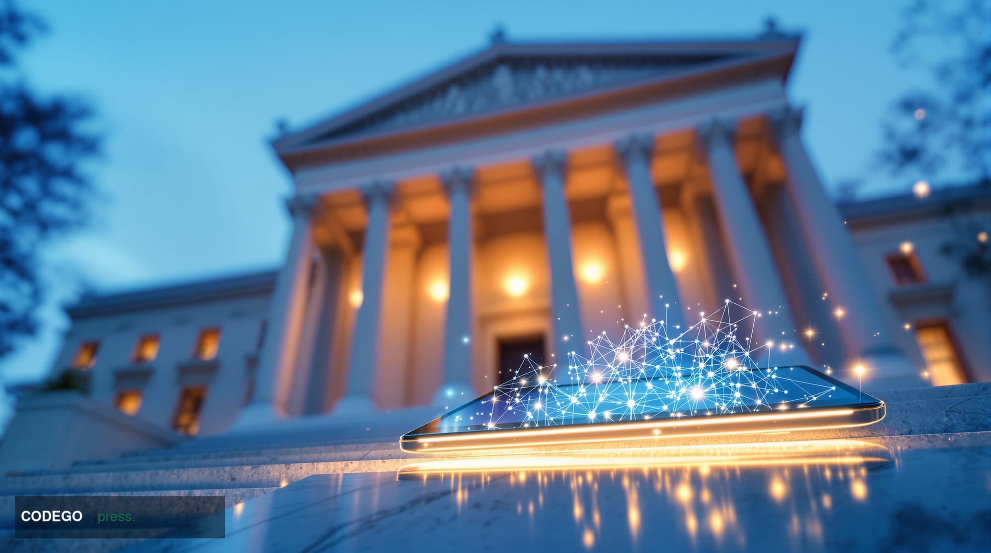 A cinematic editorial photograph shot from a low angle looking upward at the imposing neoclassical stone facade of the U.S. S