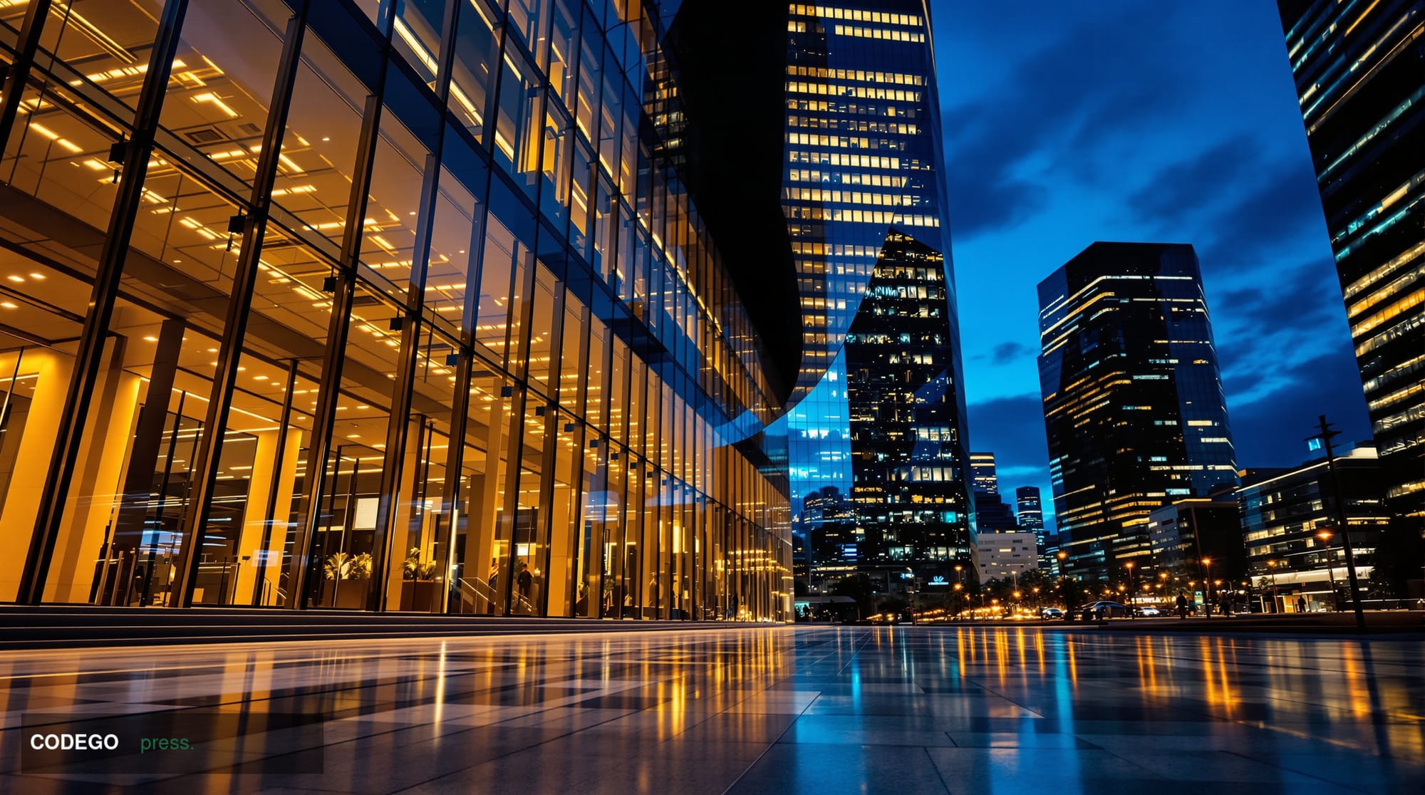 A cinematic editorial photograph of a modern glass-and-steel financial district tower at dusk, shot from a low angle looking 