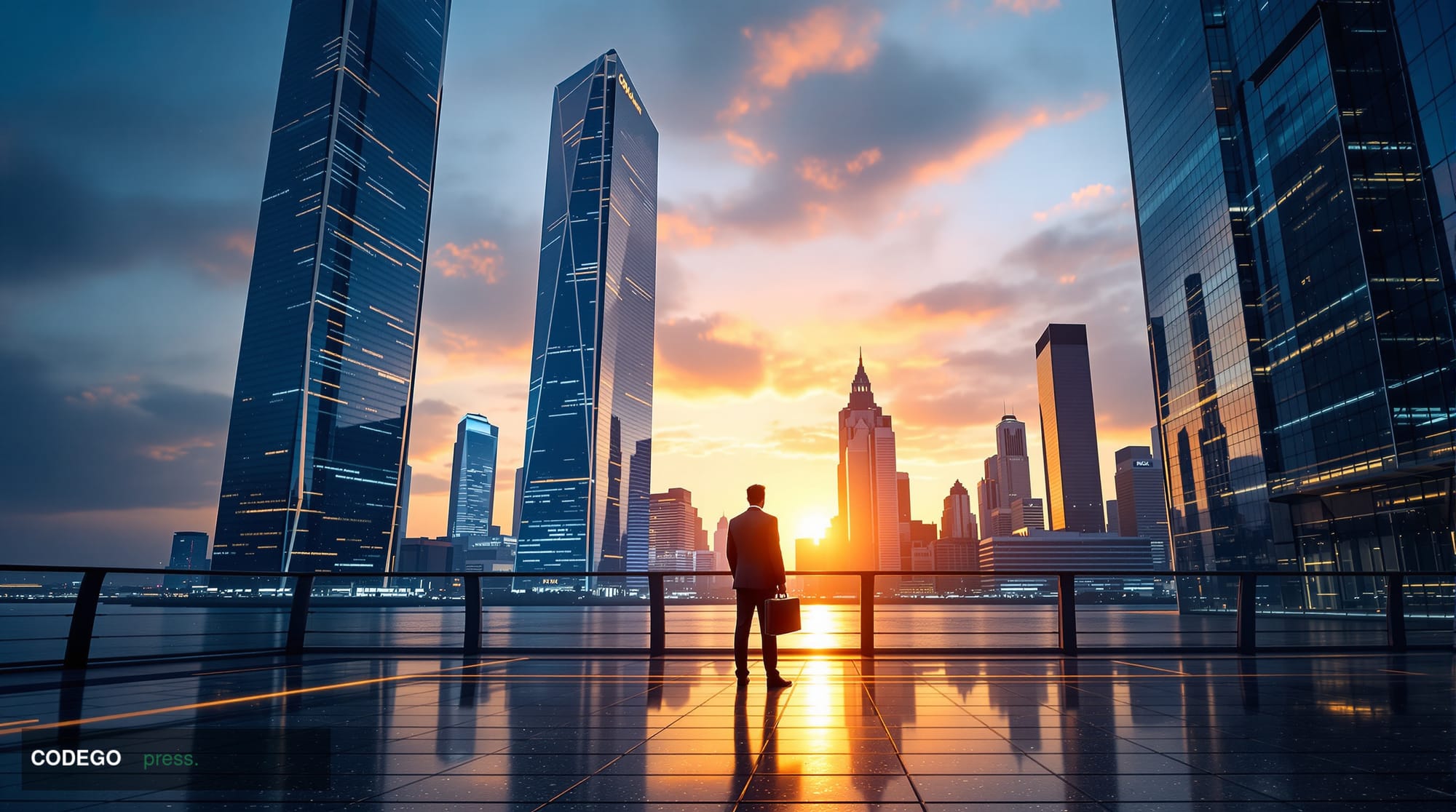 A cinematic editorial photograph of a sleek, modern financial district waterfront at dusk, shot from a low angle looking upwa
