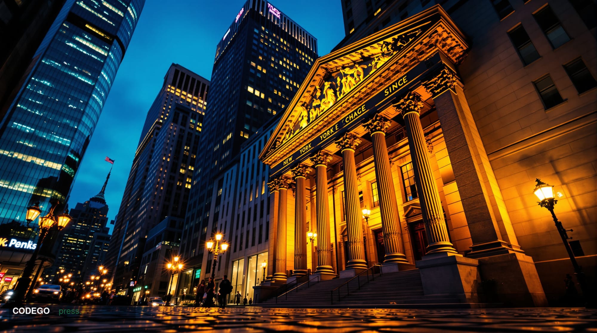 A dramatic cinematic editorial photograph shot at dusk from a low street-level angle looking up at the neoclassical granite c