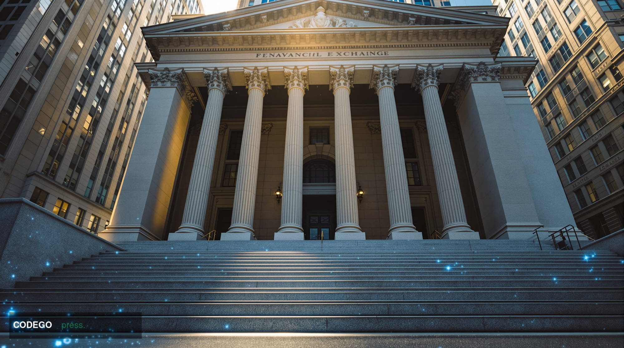 A cinematic editorial photograph taken from a low-angle perspective looking up at the iconic neoclassical stone columns and g