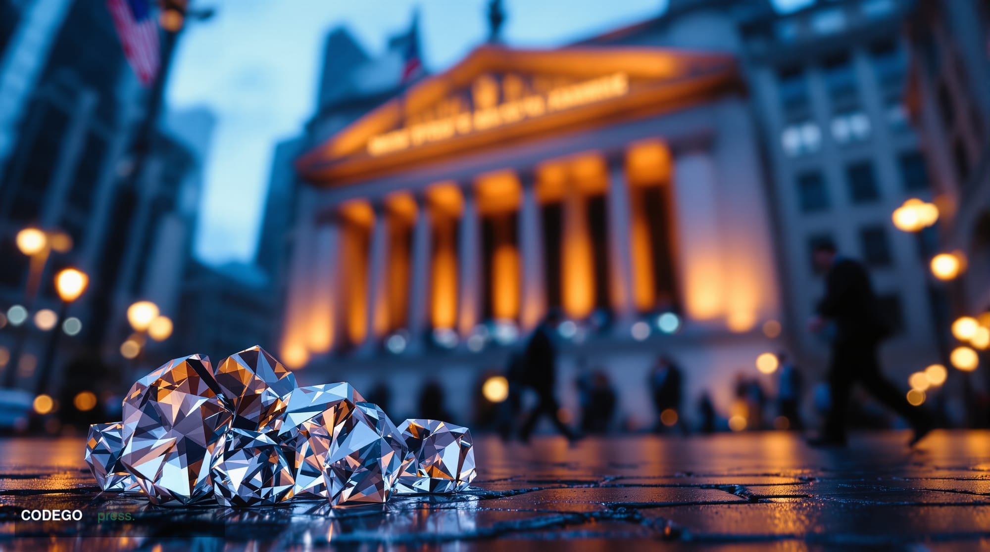A cinematic editorial photograph capturing the architectural grandeur of the New York Stock Exchange's neoclassical stone fac