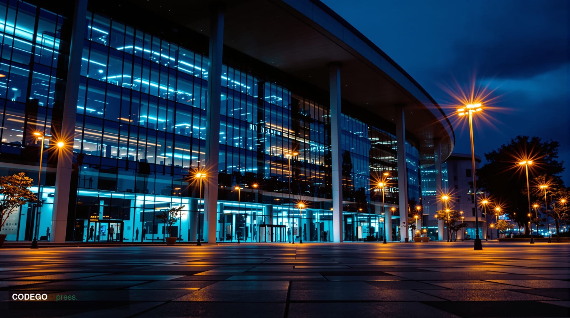 A cinematic editorial photograph of a large modern glass-and-steel corporate campus at dusk, with cool blue ambient lighting 