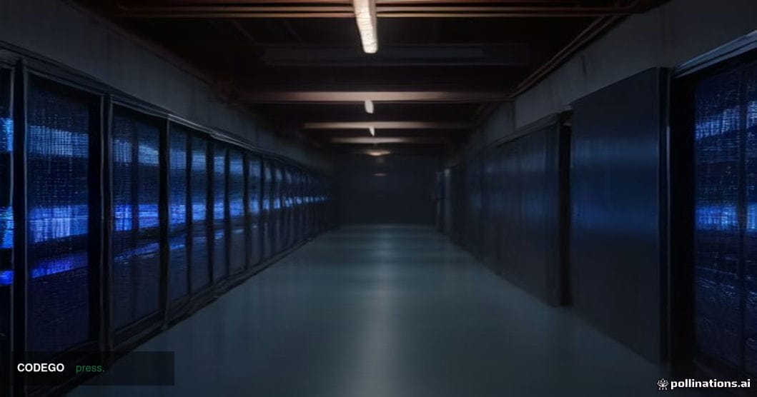 A cinematic editorial photograph of a stark, dimly lit server room corridor bathed in deep blue and amber light, with rows of