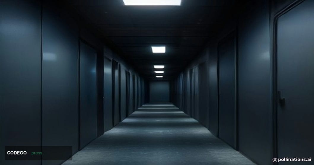 A cinematic editorial photograph of a sleek, dimly lit server room corridor at OpenAI's San Francisco research campus exterio