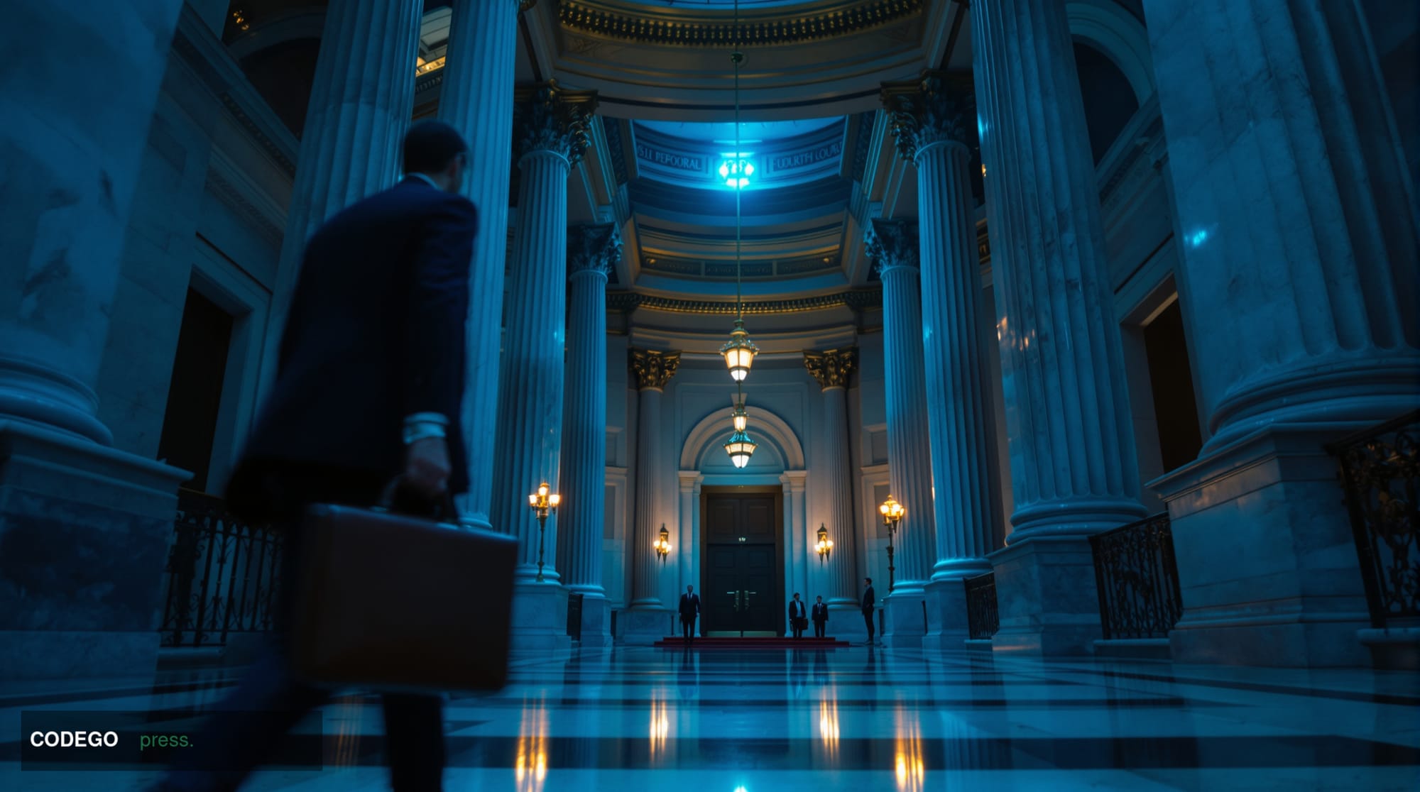 A cinematic editorial photograph set in a dimly lit federal courthouse corridor, viewed from a low angle looking upward towar