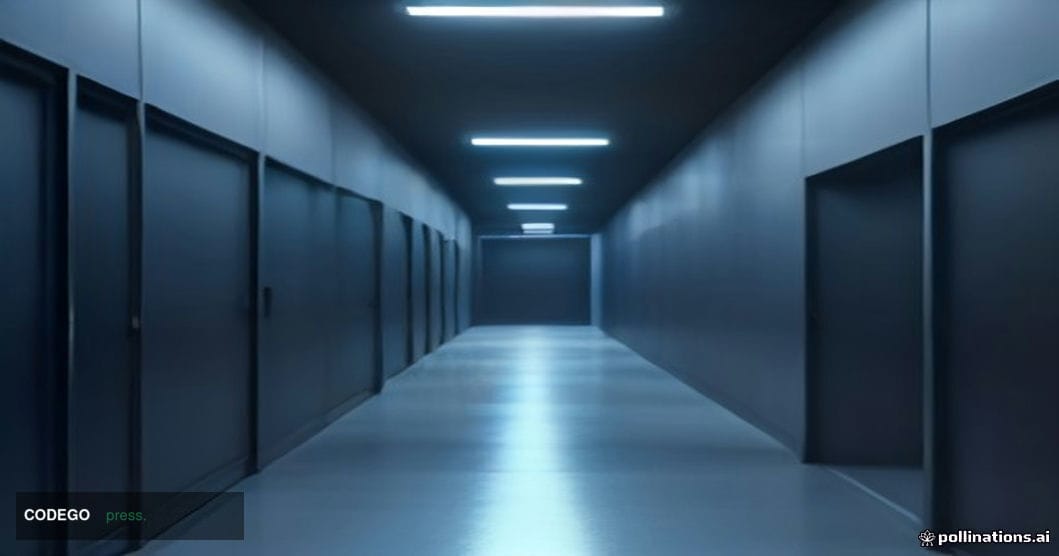 A dimly lit, high-security data center corridor photographed from a low angle looking upward, rows of black server racks rece