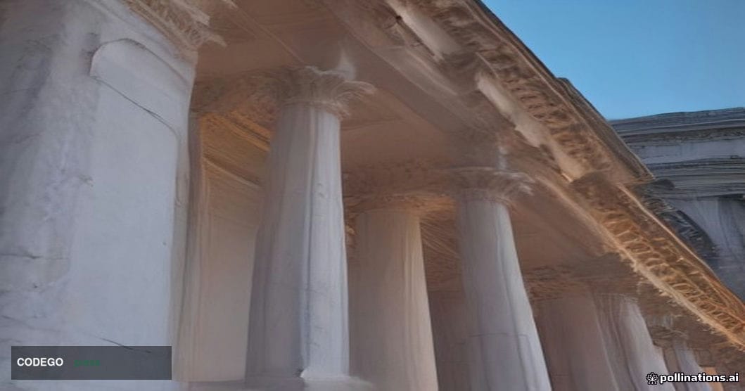 A dramatic cinematic editorial photograph taken from a low angle looking up at the neoclassical stone columns and facade of t