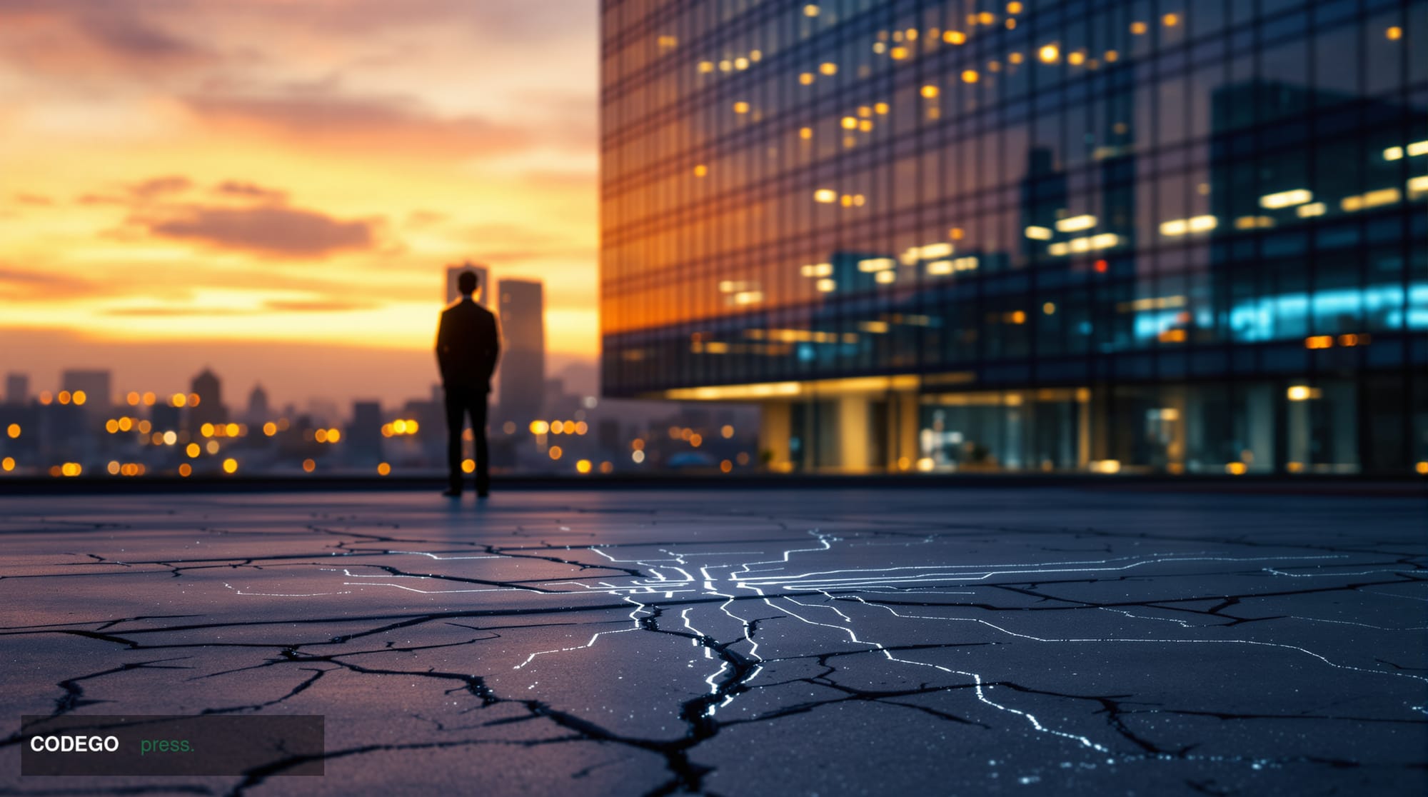 A cinematic editorial photograph taken at dusk outside a sleek, modernist San Francisco venture capital campus — the kind of 