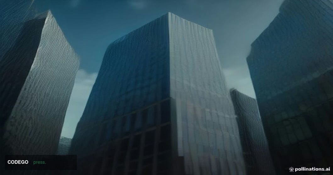 A dramatic cinematic editorial photograph shot from a low angle looking up at the glass-and-steel facade of a major American 